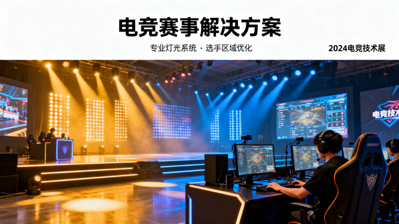 电竞赛事现场舞台灯光与选手比赛区域，电竞赛事解决方案配图
