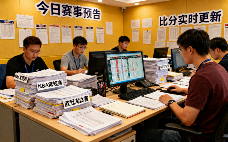 体育新闻编辑部场景，赛事资讯内容整理画面
